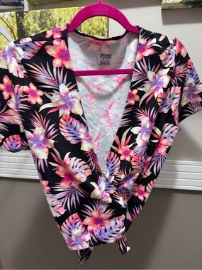 PINK Victoria's Secret Black Floral Wrap Top with Pink & Purple Accents